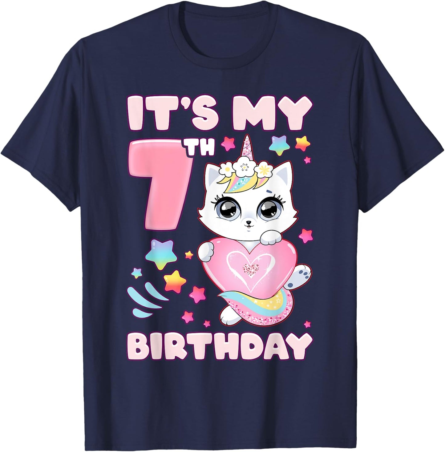 Birthday girl 7 years old, cat, unicorn, 7th birthday T-Shirt - T-Shirt | Navy