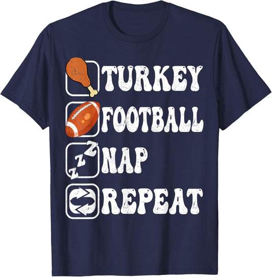 Happy Thanksgiving Football Turkey Nap Repeat Groovy Retro T-Shirt - T-Shirt | Navy