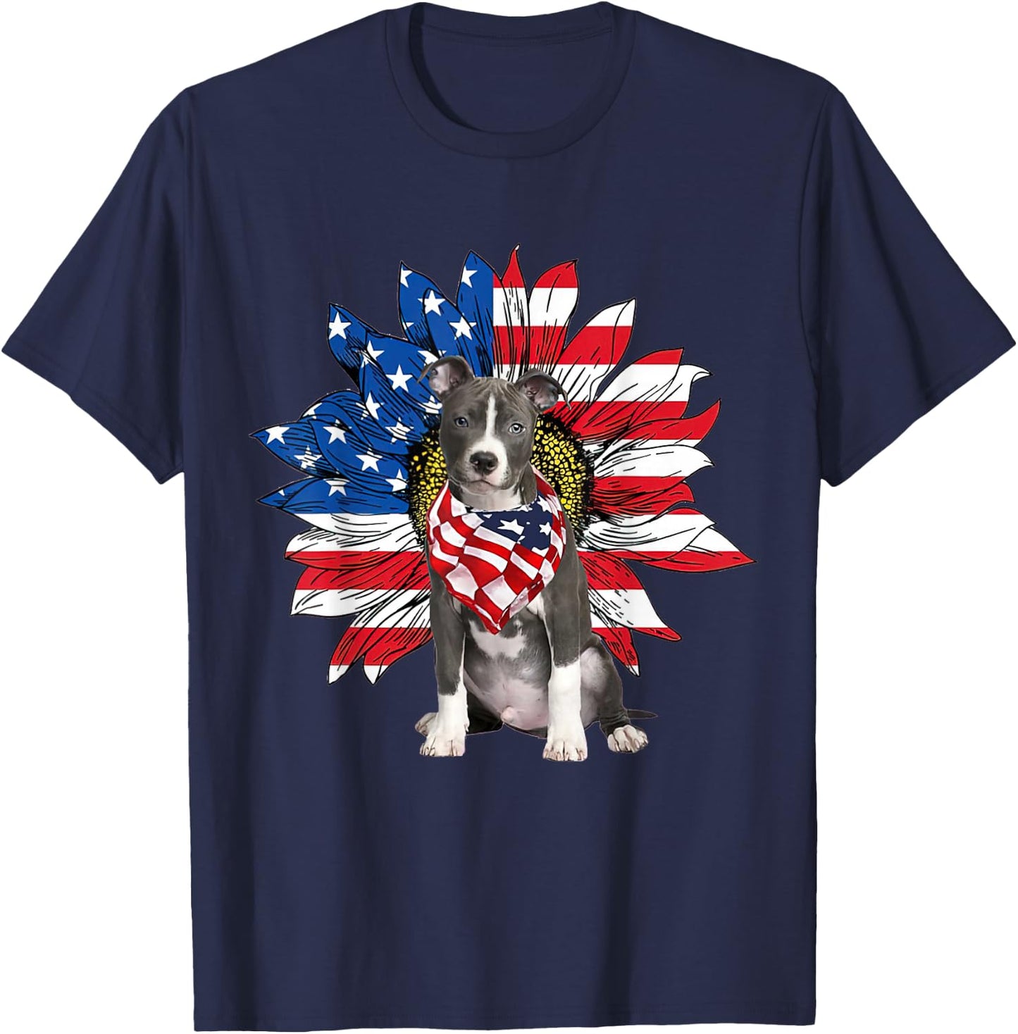 Blue Nose Pitbull American Flag Sunflower Dog Lovers 4th Of T-Shirt - T-Shirt | Navy