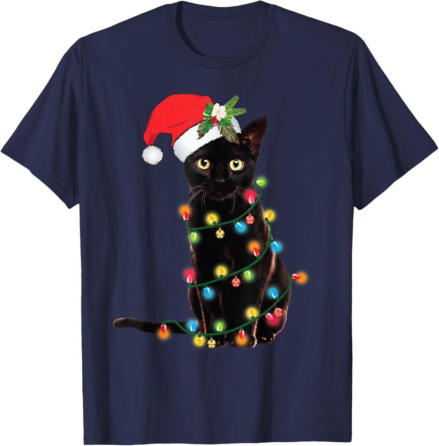Santa Black Cat Tangled Up In Christmas Tree Lights Holiday T-Shirt - T-Shirt | Navy