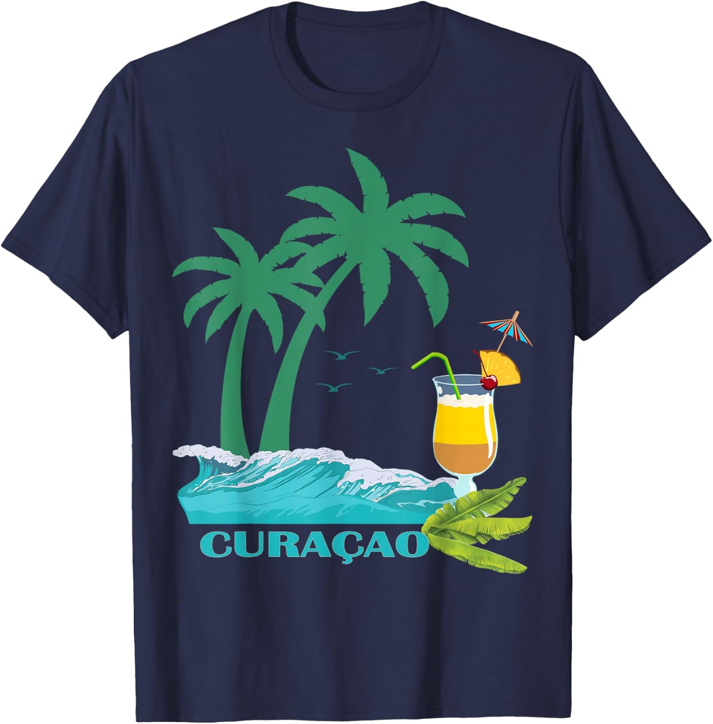 Curacao Palms Cocktail Caribbean Beach Island Souvenir Gift T-Shirt - T-Shirt | Navy