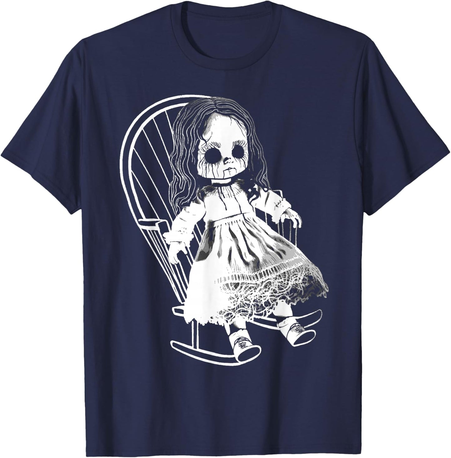 Creepy Nightmare Haunted Horror Doll Sits In Rocking Chair T-Shirt - T-Shirt | Navy