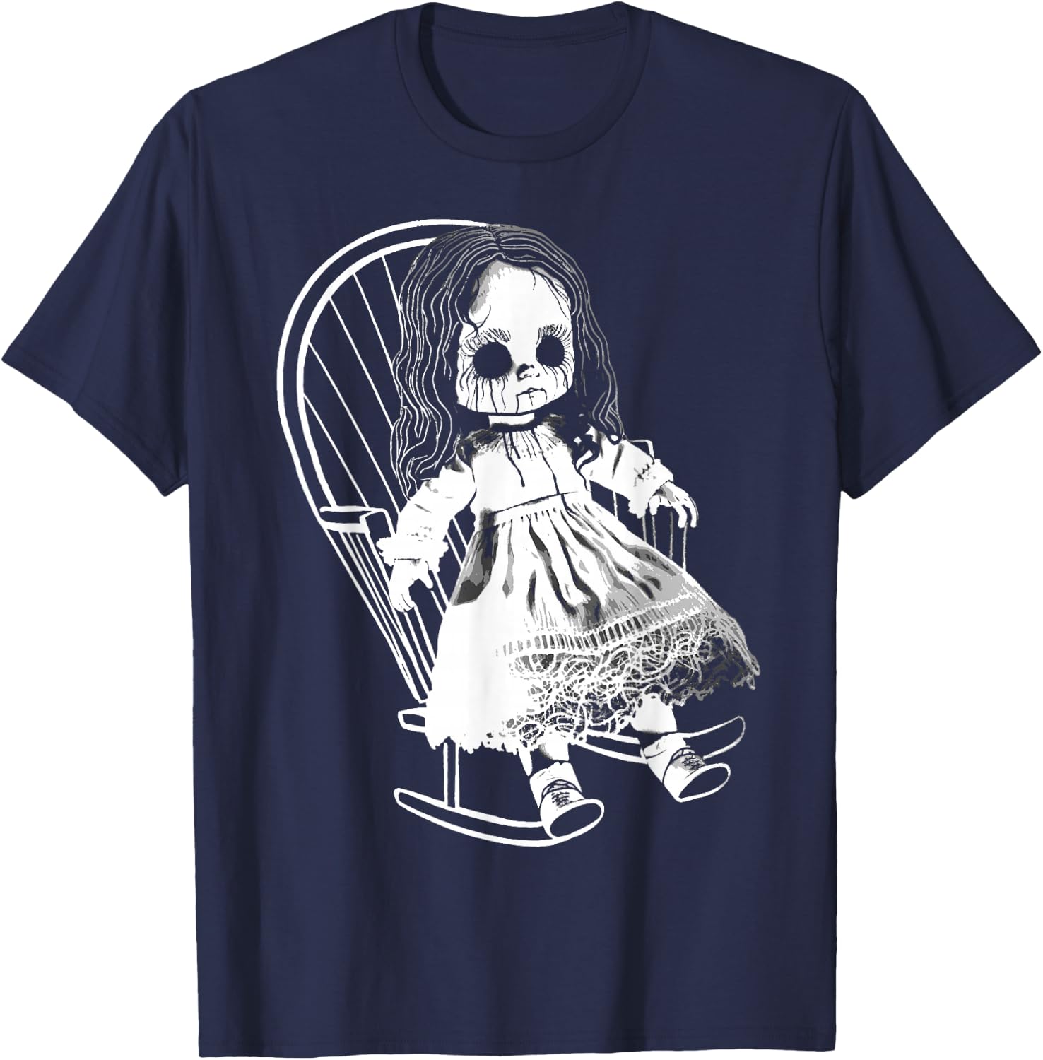 Creepy Nightmare Haunted Horror Doll Sits In Rocking Chair T-Shirt - T-Shirt | Navy