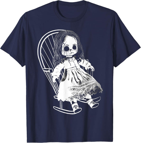 Creepy Nightmare Haunted Horror Doll Sits In Rocking Chair T-Shirt - T-Shirt | Navy