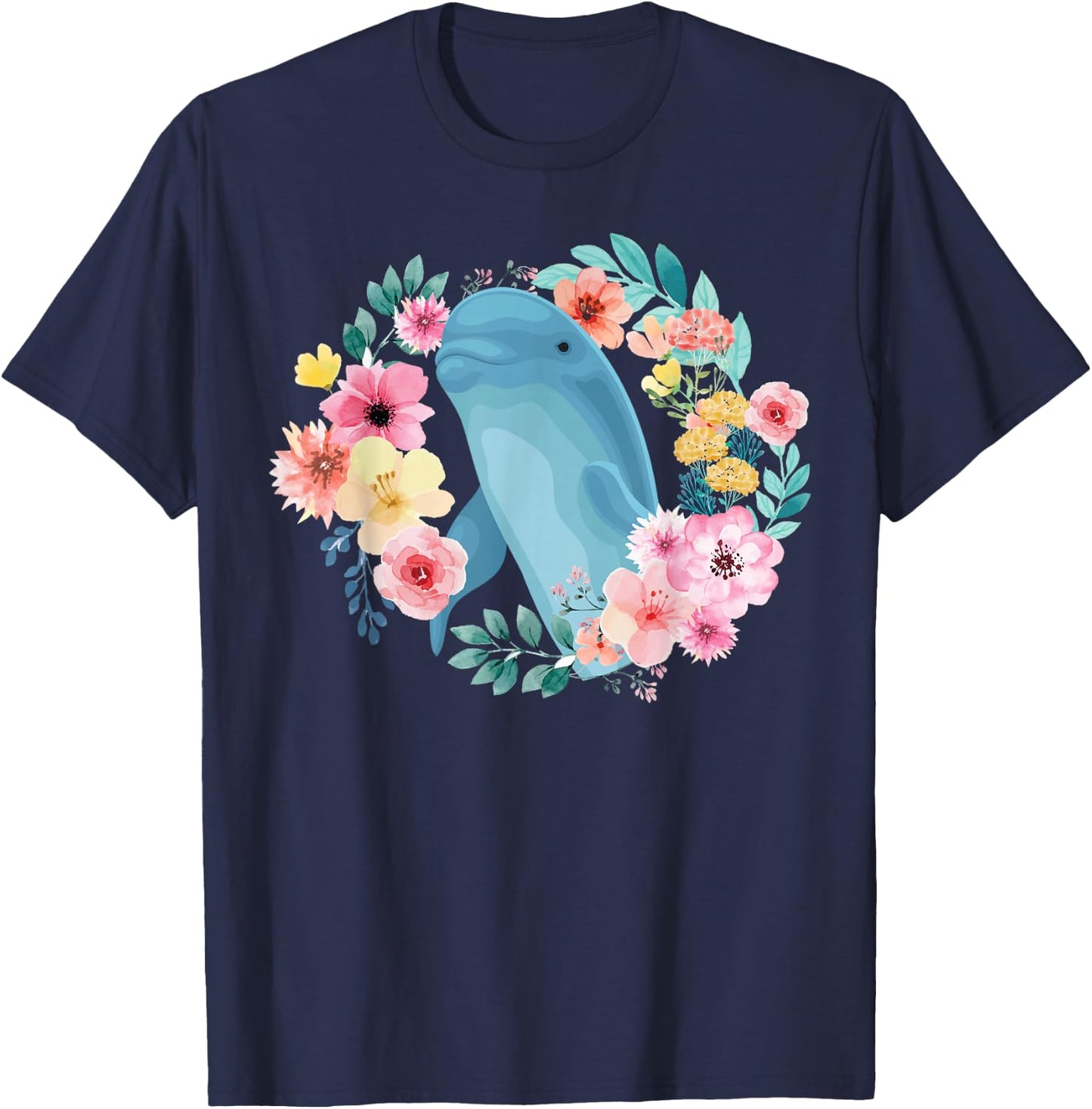 Dolphin Flower Floral T-Shirt - T-Shirt | Navy