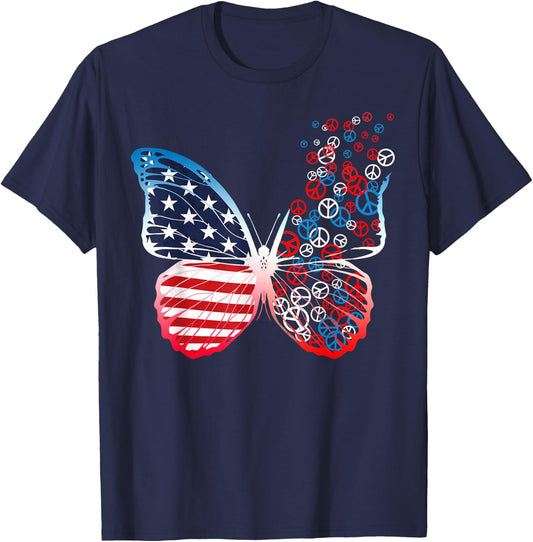 Butterfly Patriotic Peace Signs 4th of July US Flag T-Shirt - T-Shirt | Navy