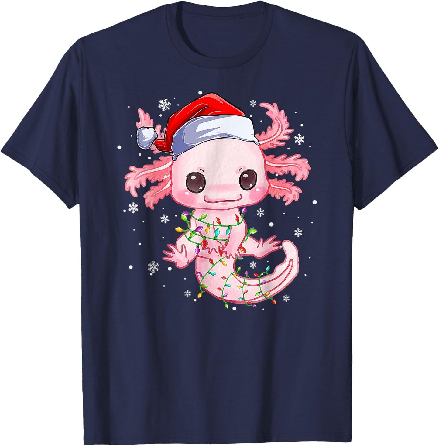 Christmas Axolotl Santa Hat Lights Japanese Cute Anime Xmas T-Shirt - T-Shirt | Navy