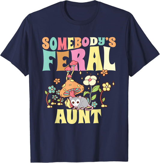 Somebody's Feral Aunt Opossum Wild Auntie Groovy Mushroom T-Shirt - T-Shirt | Navy