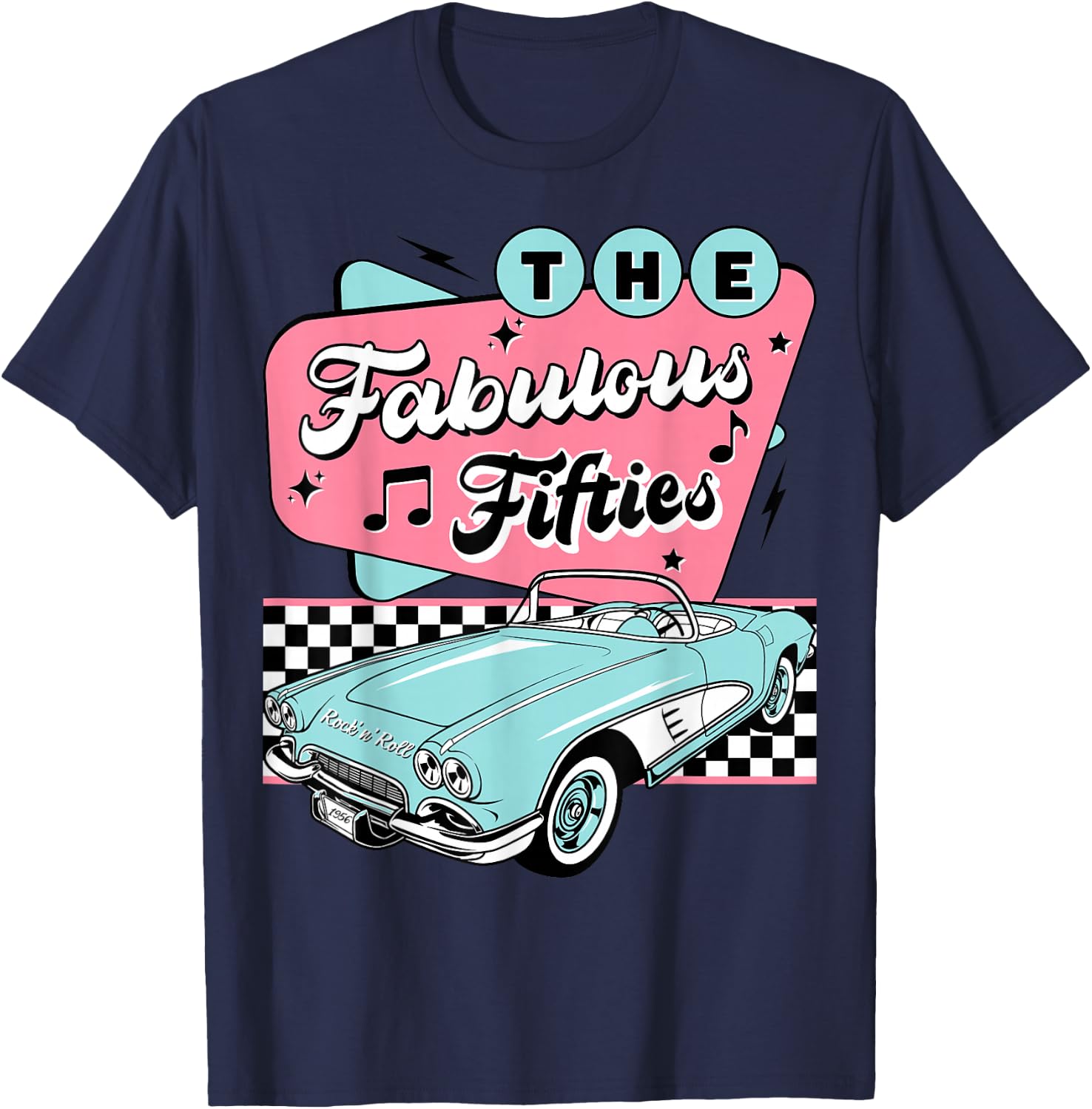 The Fifties 1950s Car Music Checkerboard Rockabilly Sock Hop T-Shirt - T-Shirt | Navy