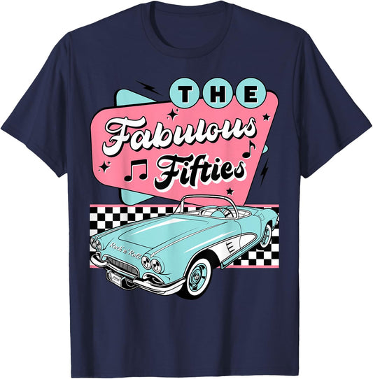 The Fifties 1950s Car Music Checkerboard Rockabilly Sock Hop T-Shirt - T-Shirt | Navy