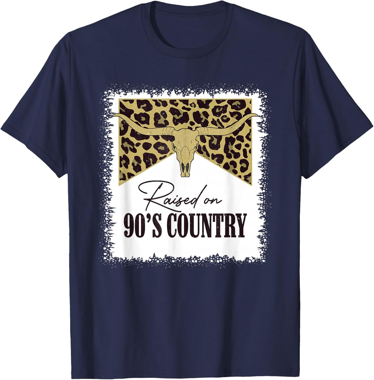 Raised On 90's Country Vintage Bull Skull Leopard Bleached T-Shirt - T-Shirt | Navy