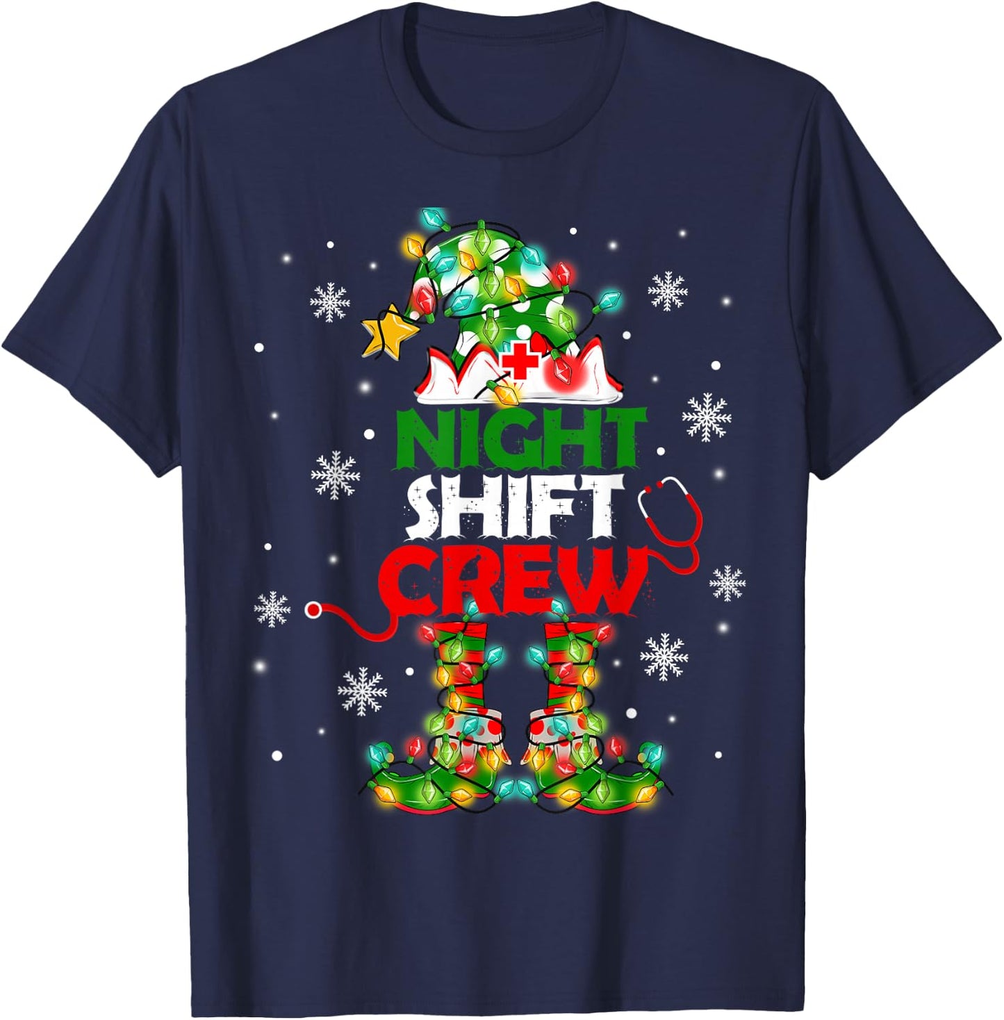 Funny Nurse Elf Christmas Lights Cute Xmas Night Shift Crew T-Shirt - T-Shirt | Navy