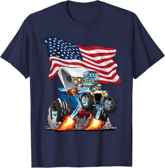 T-bucket Style Car Hotrod USA Flag Patriotic Cartoon Design T-Shirt - T-Shirt | Navy