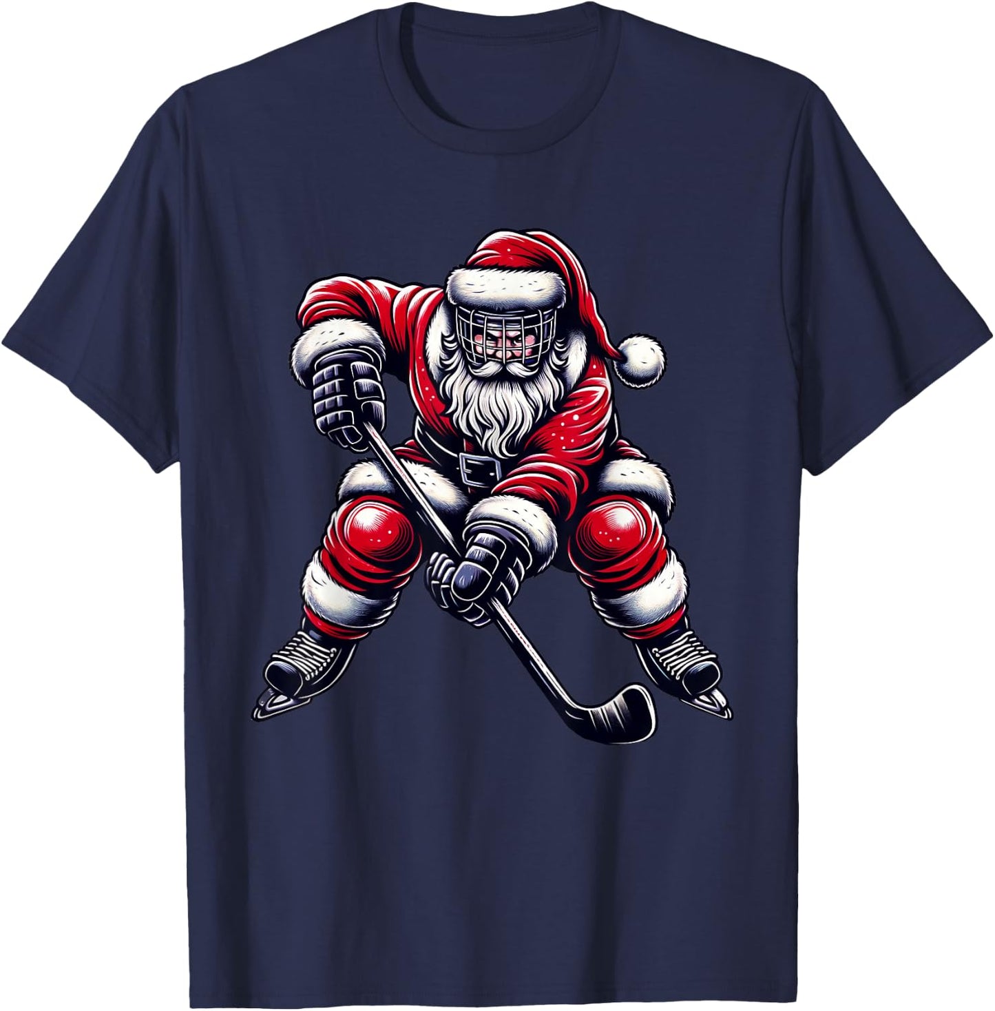 Christmas Sports Santa Plays Ice Hockey, Xmas Women Men Kids T-Shirt - T-Shirt | Navy