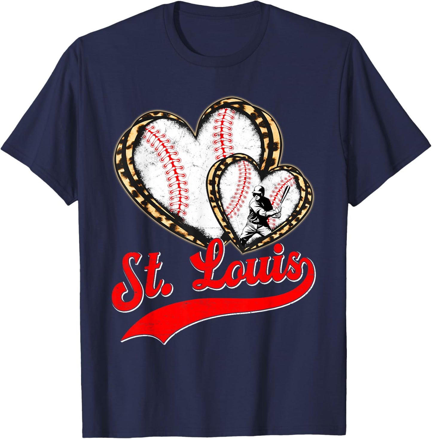 Vintage St. Louis Baseball Leopard Heart Baseball Fans T-Shirt - T-Shirt | Navy