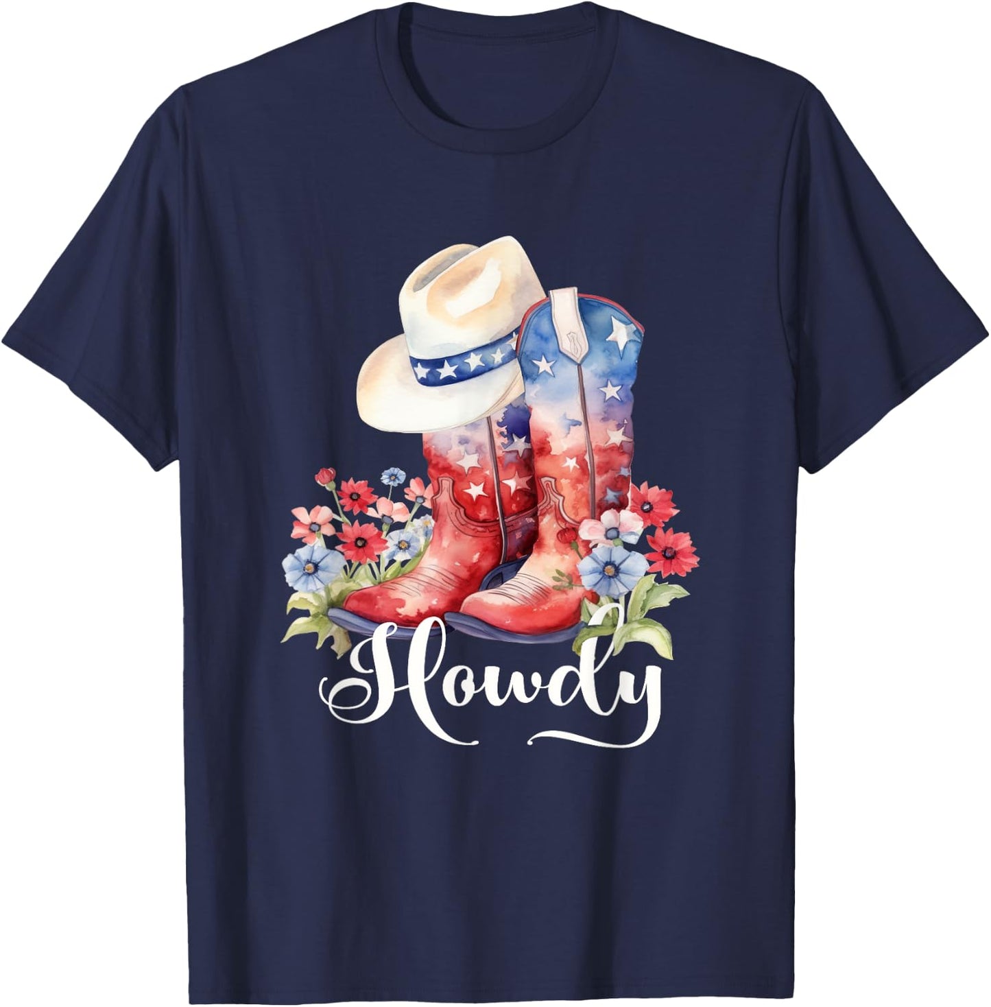 Cute Watercolor Cowgirl Boots Hat Flower Howdy Women Girls T-Shirt - T-Shirt | Navy