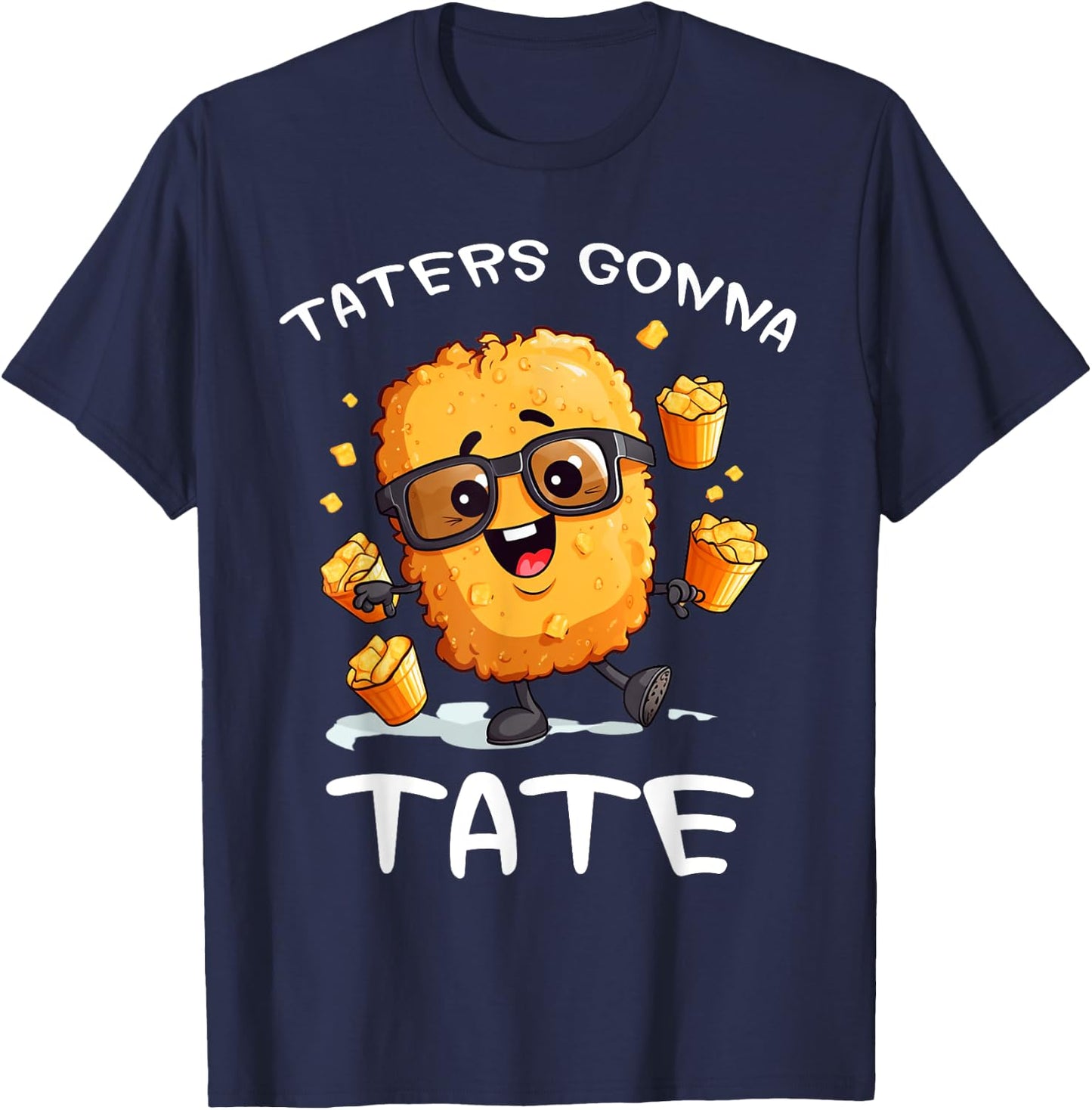 Fast Food Apparel Taters Gonna Tate Funny Potato Squad Vegetarian Tater Tots Black Cartoon Potato T-Shirt - T-Shirt | Navy
