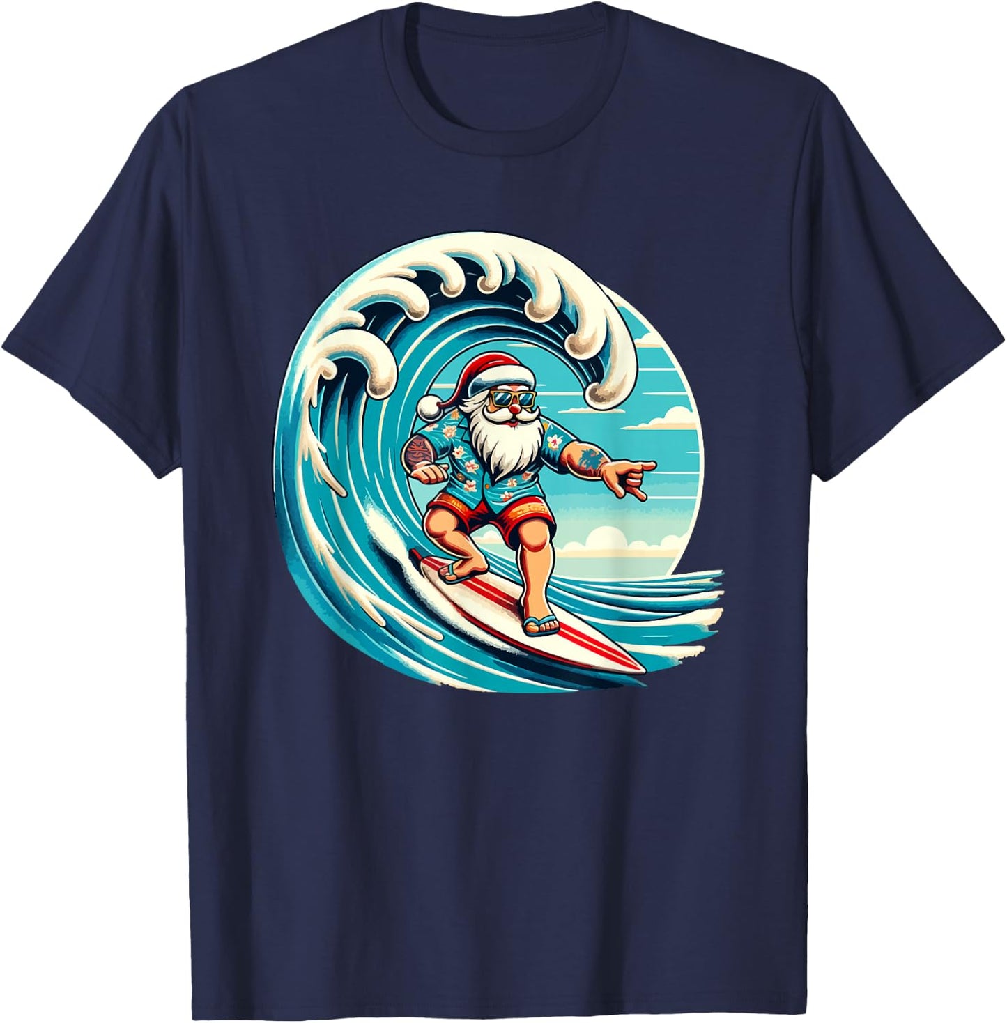 Santa Claus Hawaiian Surfing Christmas Aloha Tropical Xmas T-Shirt - T-Shirt | Navy