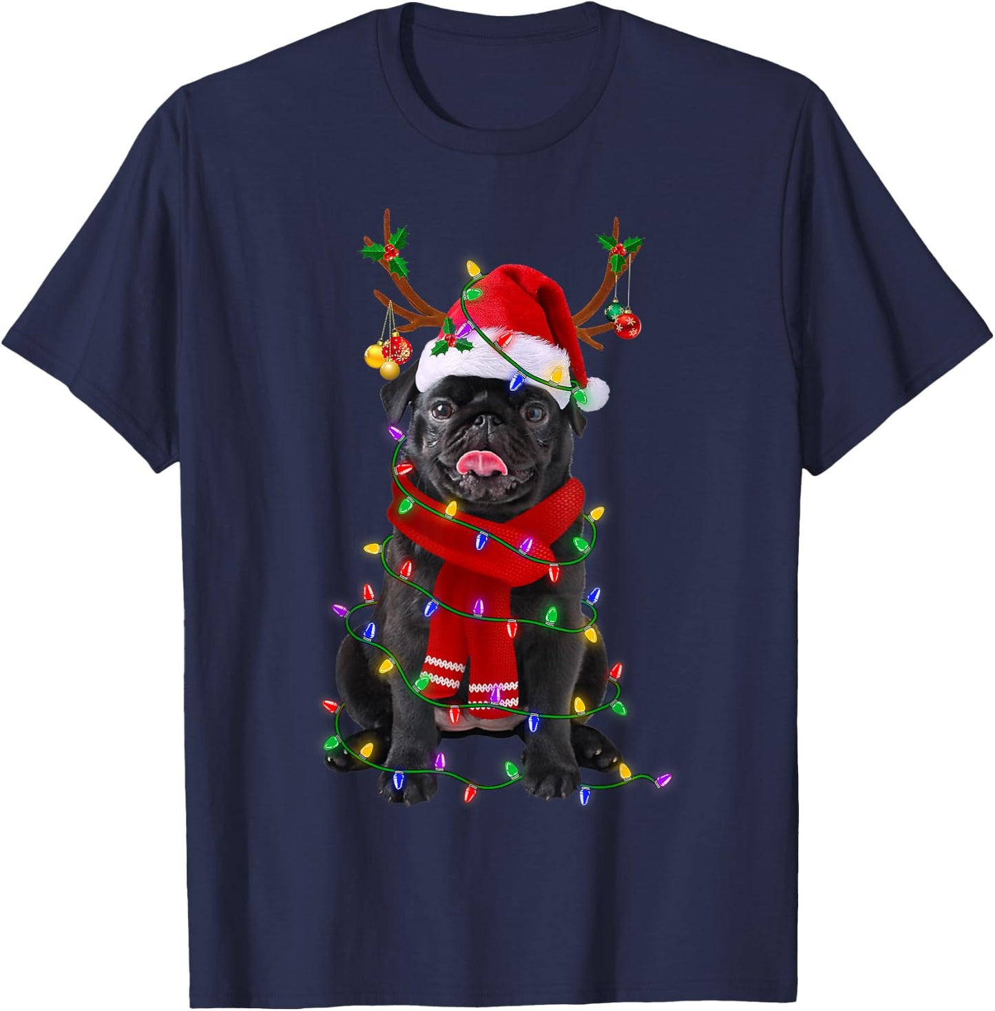 Black Pug Dog Tree Christmas Lights Xmas Pajama Men Women Kids T-Shirt - T-Shirt | Navy