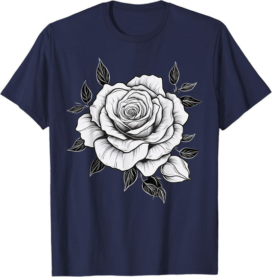 Minimalistic Rose Flower on black and white Rose T-Shirt - T-Shirt | Navy