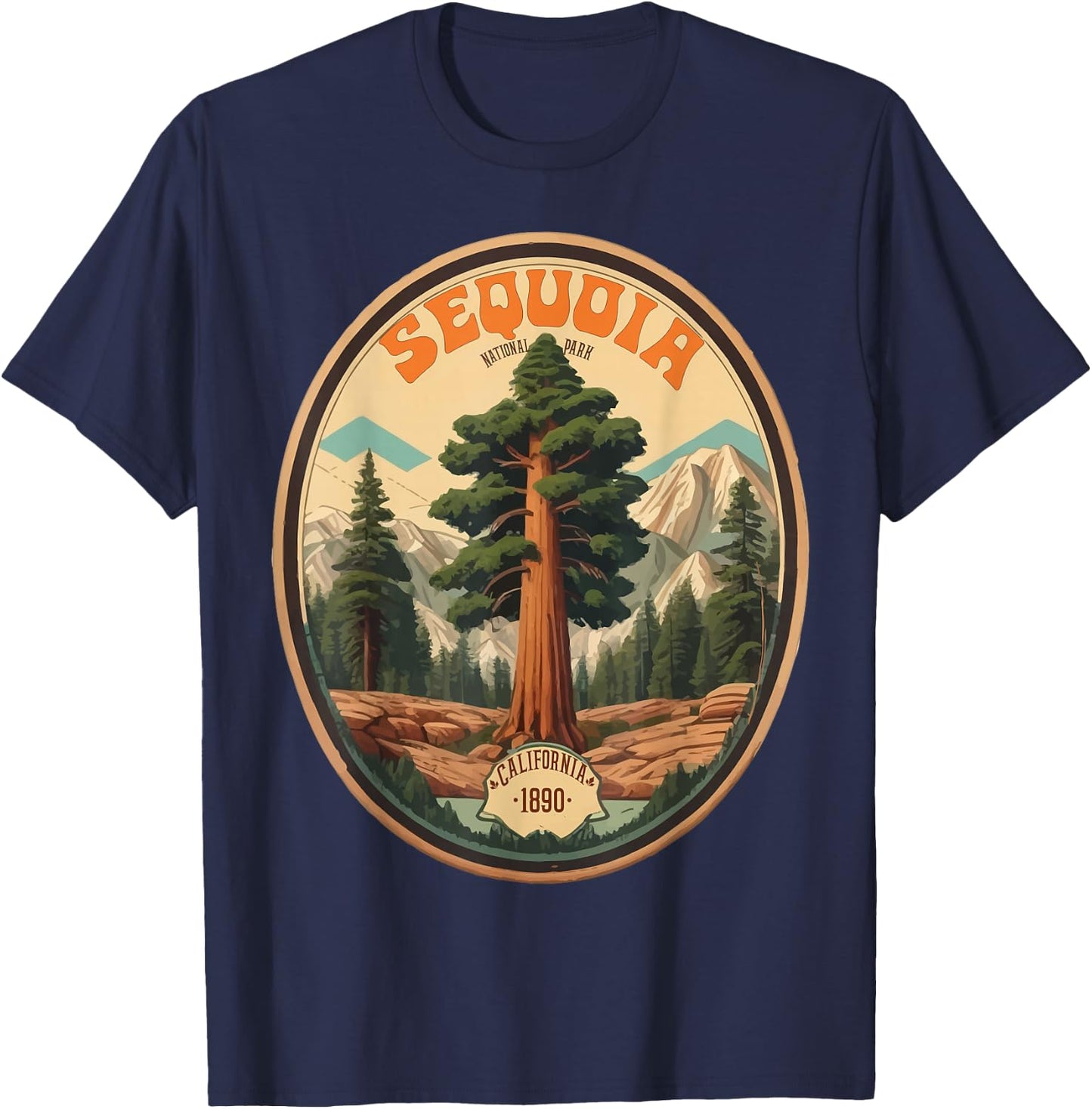 Sequoia National Park Tree Illustration Hiking Retro Badge T-Shirt - T-Shirt | Navy