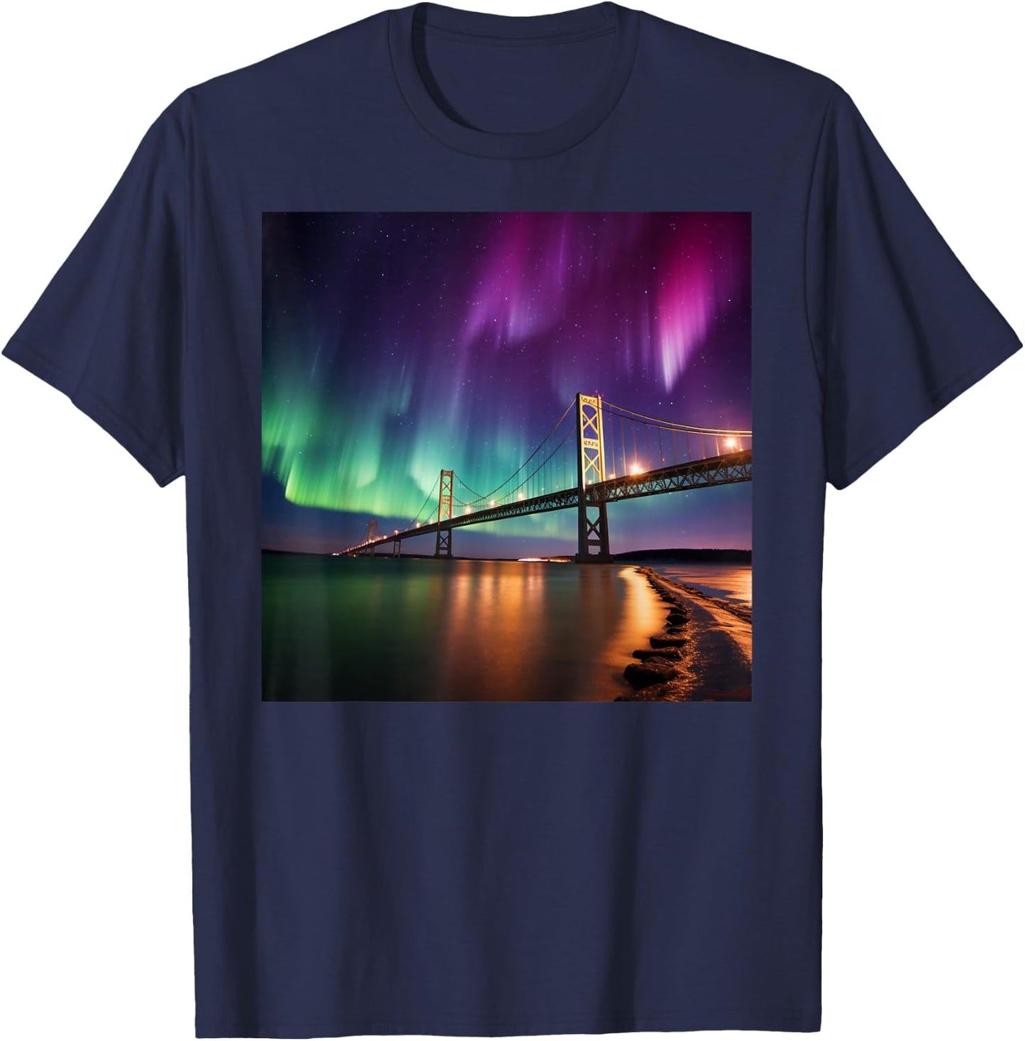 Michigan Northern Lights Mackinac Island Bridge Vacation T-Shirt - T-Shirt | Navy