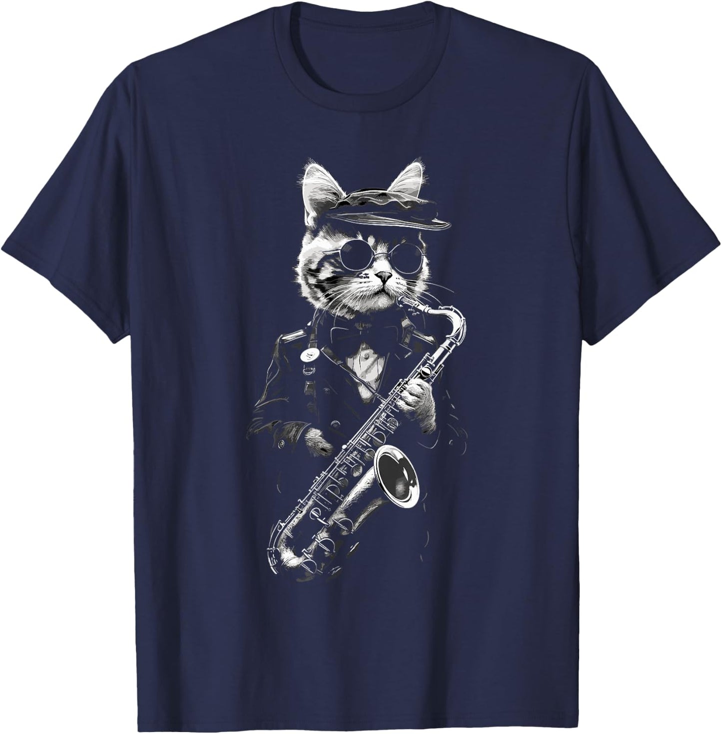 Funny Cat Wearing Sunglasses Playing Clarinet Musician Men Women Kids T-Shirt - T-Shirt | Navy