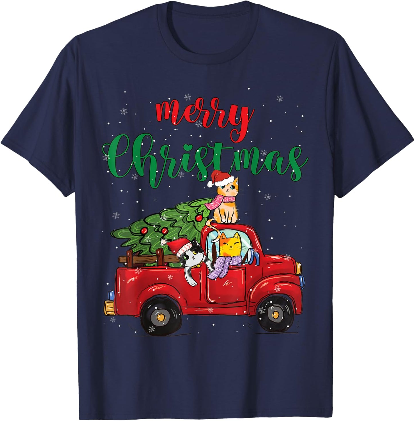 Merry Christmas Outfit Cats Truck Christmas T-Shirt - T-Shirt | Navy