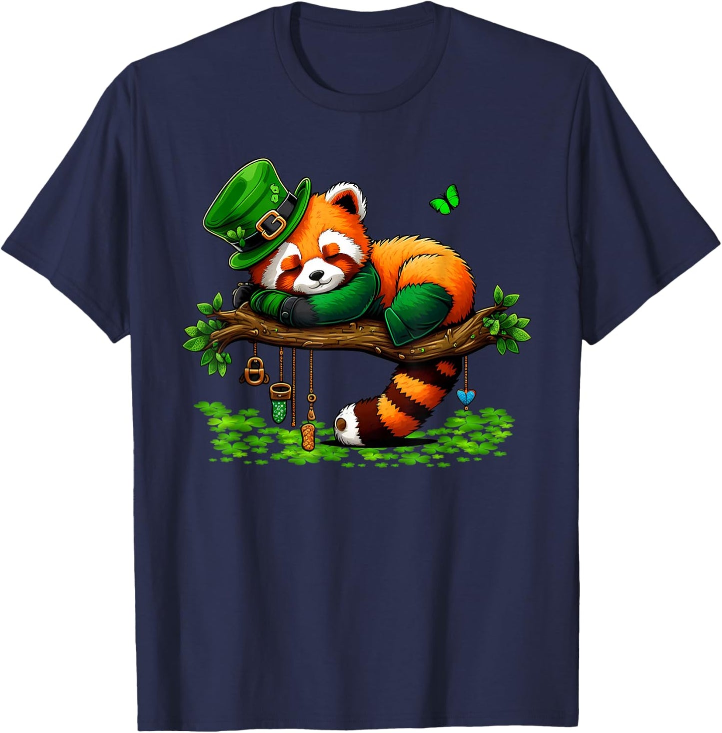 St Patricks Day Lazy Red Panda Shamrock Leprechaun Hat Panda T-Shirt - T-Shirt | Navy