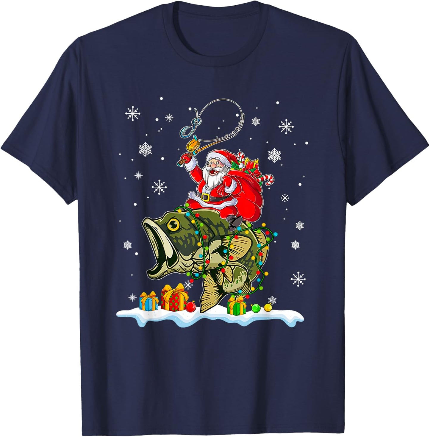 Christmas Bass Fishing Funny Santa Riding Fish Fishermen PJ T-Shirt - T-Shirt | Navy