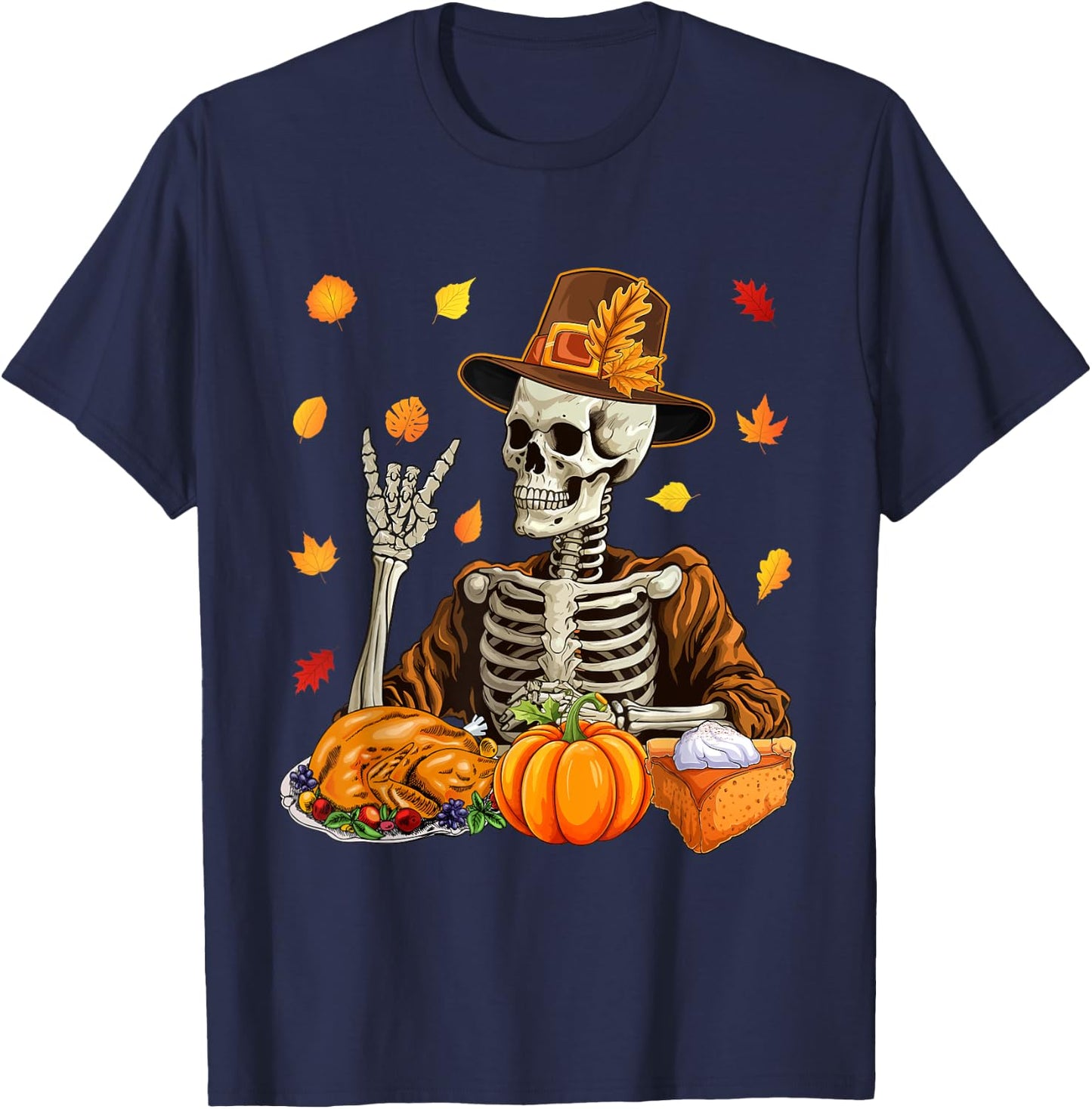 Thanksgiving X-ray Skeleton Funny Rock Hand Fall Leaves T-Shirt - T-Shirt | Navy