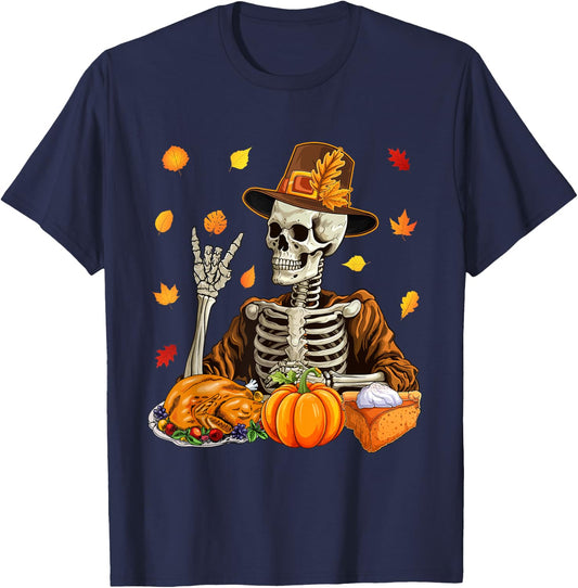 Thanksgiving X-ray Skeleton Funny Rock Hand Fall Leaves T-Shirt - T-Shirt | Navy