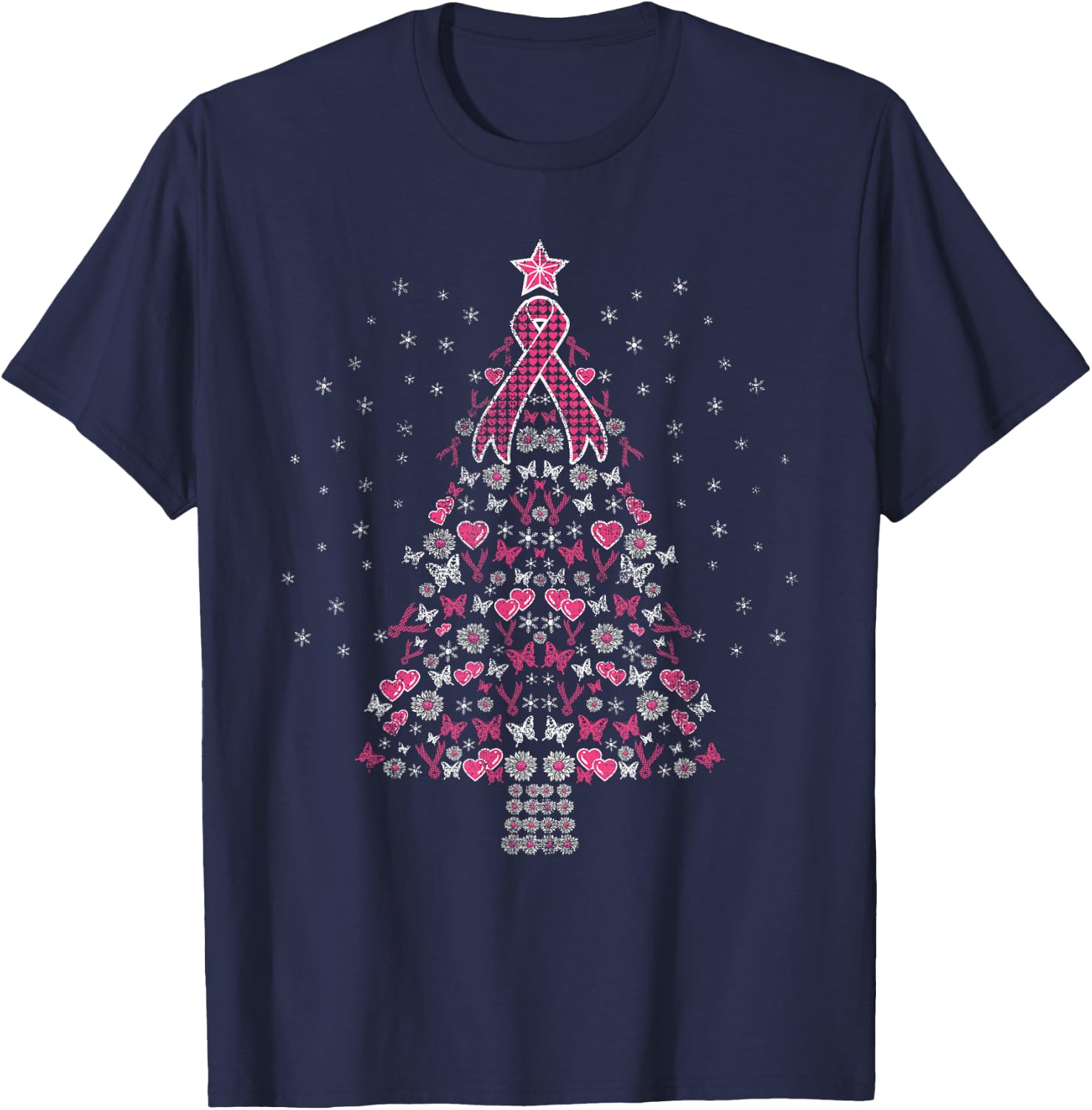 Breast Cancer Christmas Tree Breast Cancer Awareness T-Shirt - T-Shirt | Navy