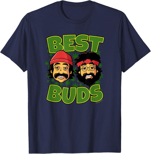 Cheech & Chong Best Buds Cartoon Heads Weed Background T-Shirt - T-Shirt | Navy