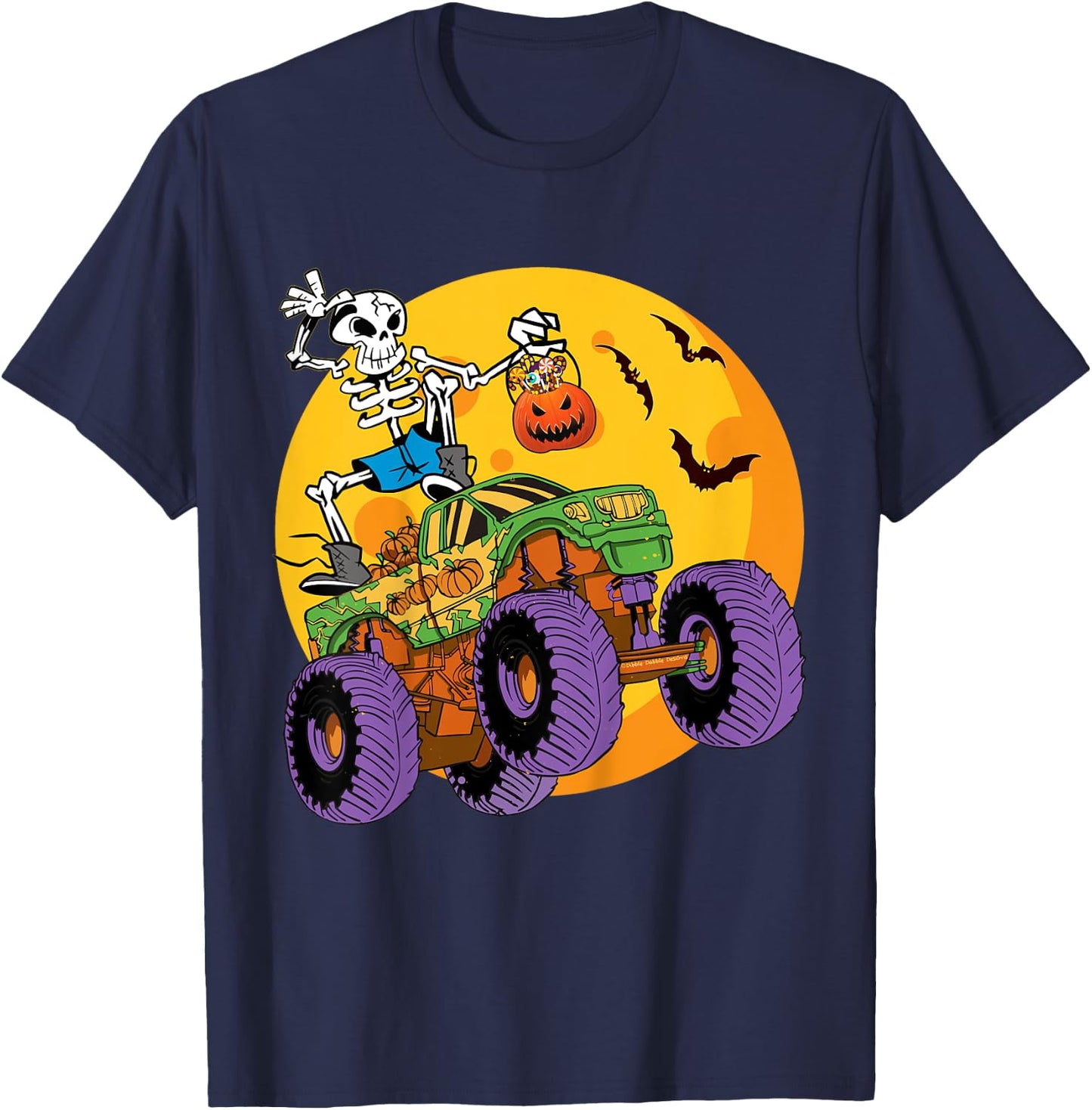 Kids Skeleton Monster Truck Trick Treat Halloween Monster Truck T-Shirt - T-Shirt | Navy