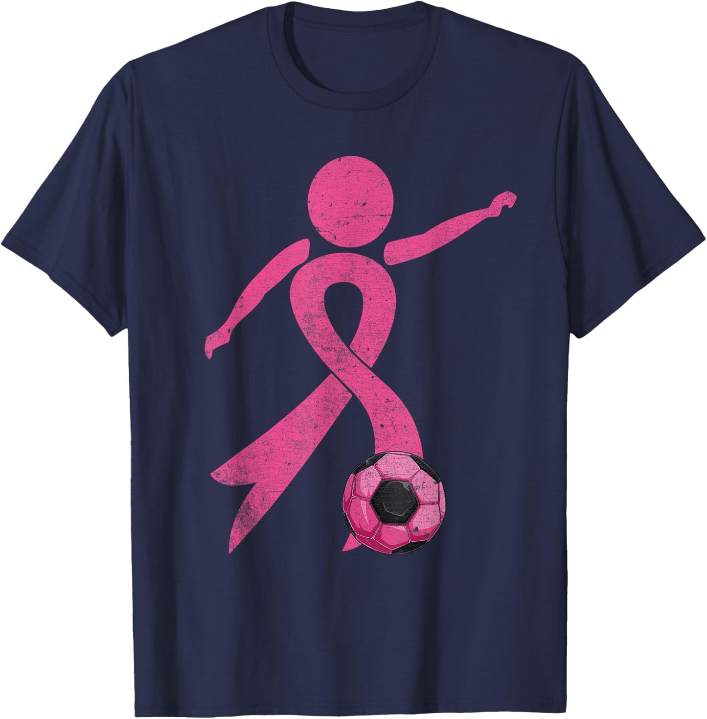 Retro Soccer Pink Ribbon Breast Cancer Awareness Sport T-Shirt - T-Shirt | Navy