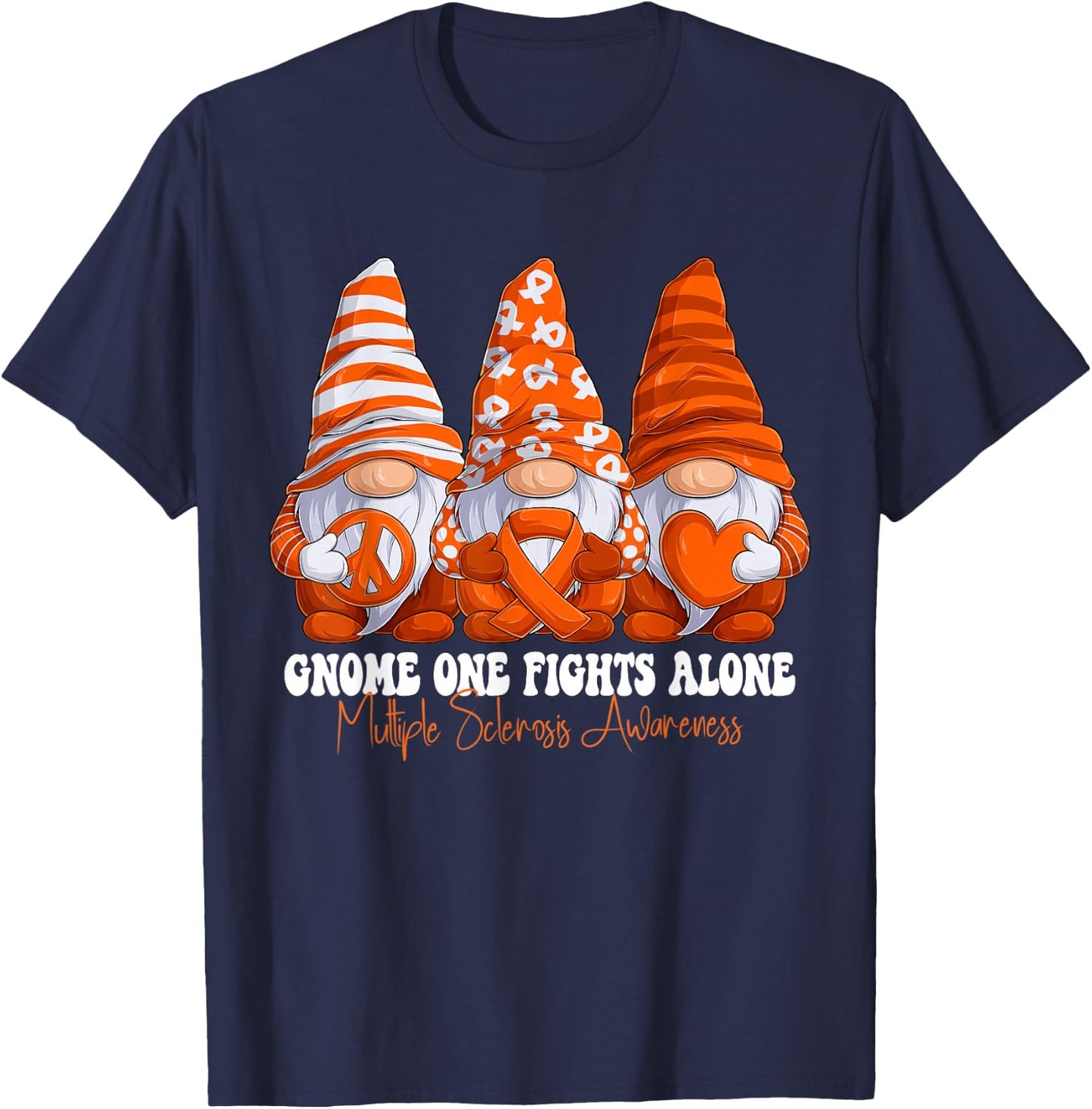 Multiple Sclerosis Awareness Month Orange Ribbon Gnomies T-Shirt - T-Shirt | Navy