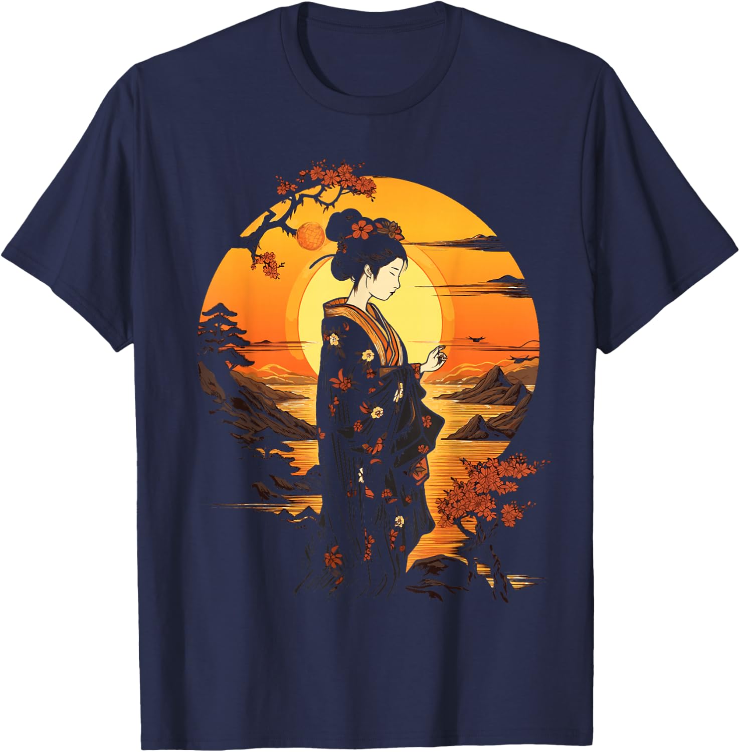 Japanese Geisha Zen Aesthetic Sakura Asian Art Beautiful T-Shirt - T-Shirt | Navy