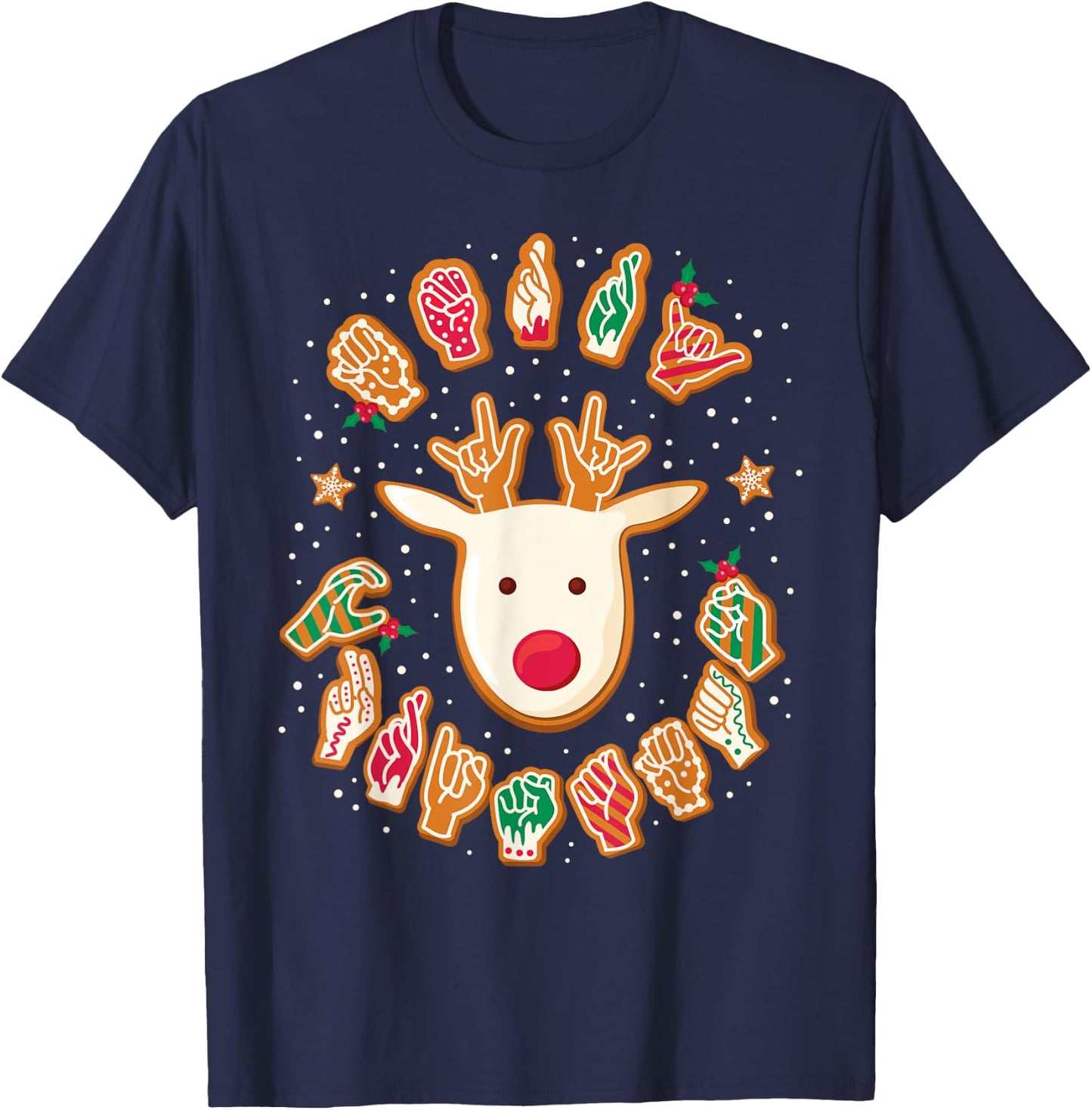 ASL Christmas Reindeer American Sign Language Gingerbread T-Shirt - T-Shirt | Navy