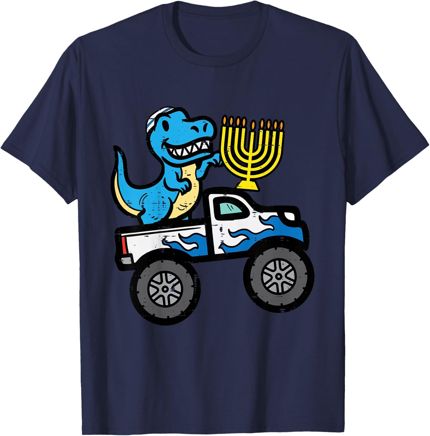 Kids Hannukah Dino On Monster Truck Chanukah Boys Toddler Youth T-Shirt - T-Shirt | Navy