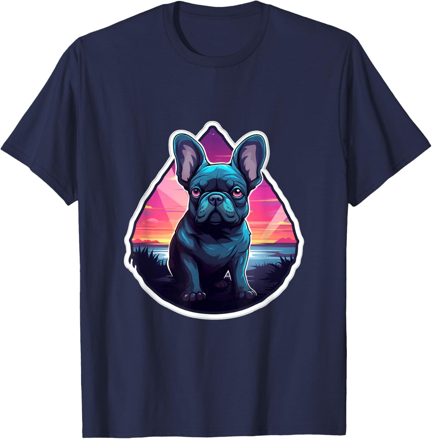 French Bulldog Tropical Summer Sunset 80's Retro Party Dog Men Women Kids T-Shirt - T-Shirt | Navy