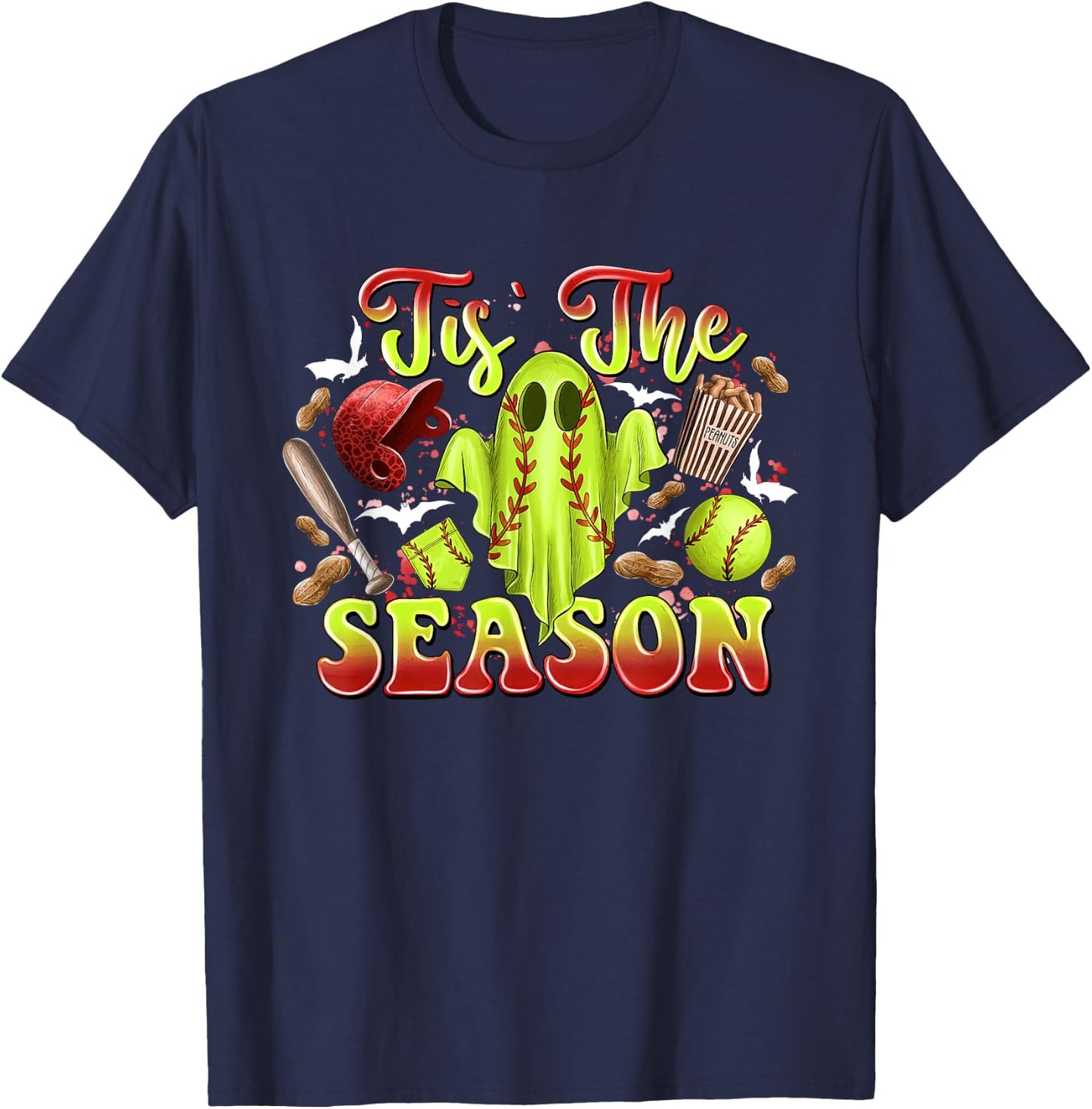 Spooky Softball Ghost Costume Funny Halloween Tis The Season T-Shirt - T-Shirt | Navy