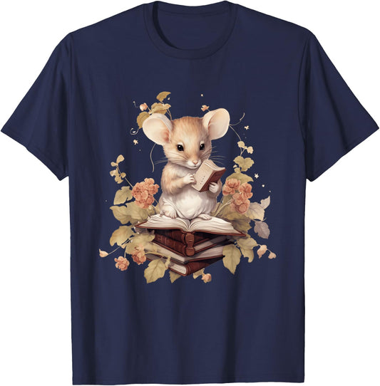 Cottagecore Flowers Mouse Read A Book Lover Bookworm T-Shirt - T-Shirt | Navy