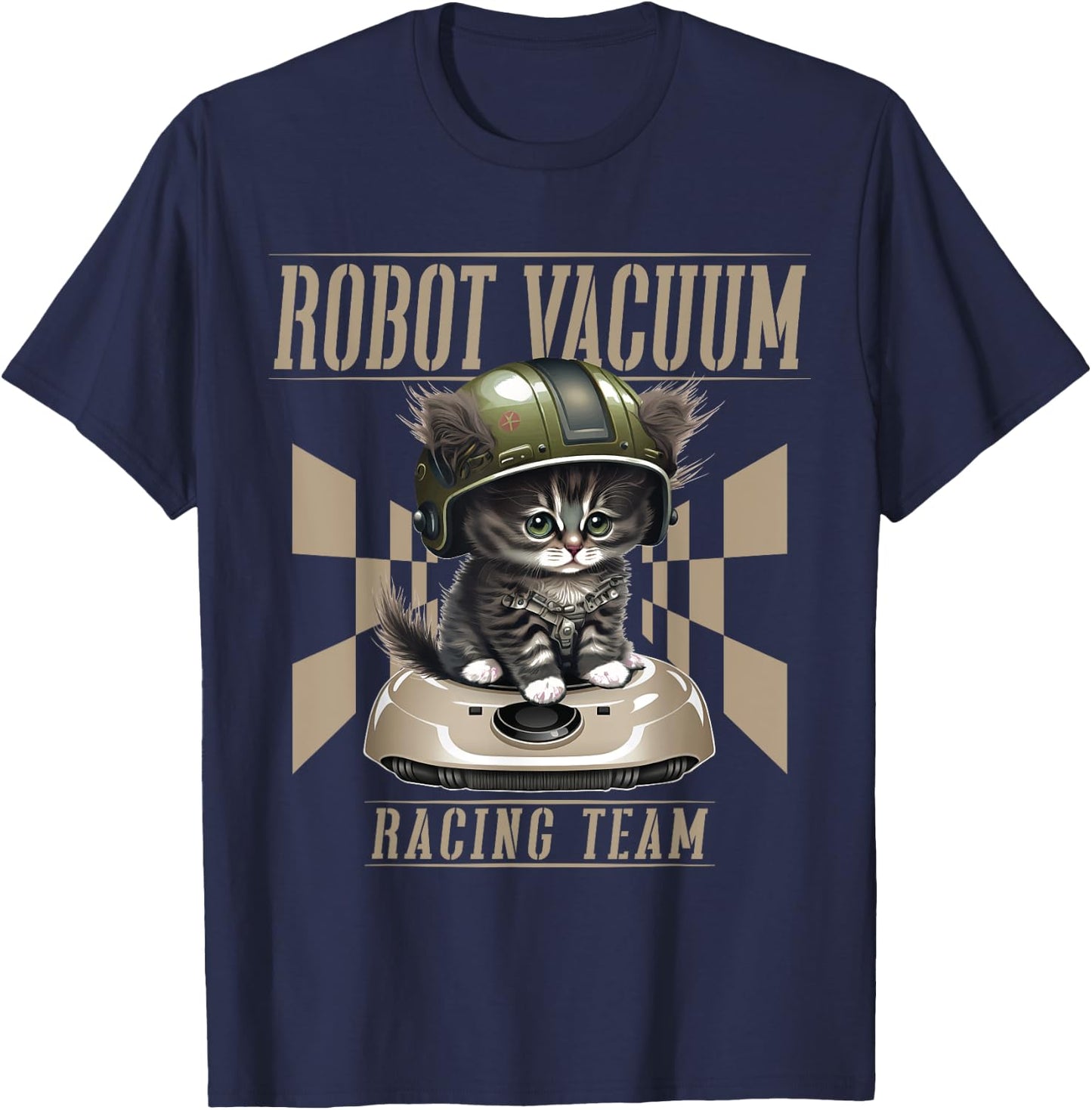 Cat And Robot Vacuum Cleaner Cat Dad Men Women Kids T-Shirt - T-Shirt | Navy