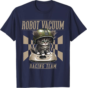 Cat And Robot Vacuum Cleaner Cat Dad Men Women Kids T-Shirt - T-Shirt | Navy