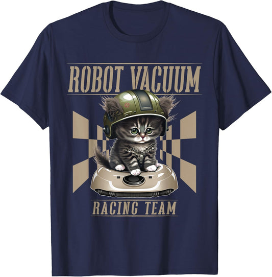Cat And Robot Vacuum Cleaner Cat Dad Men Women Kids T-Shirt - T-Shirt | Navy