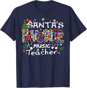 Merry Christmas Santa's Favorite Music Teacher Xmas Lights T-Shirt - T-Shirt | Navy
