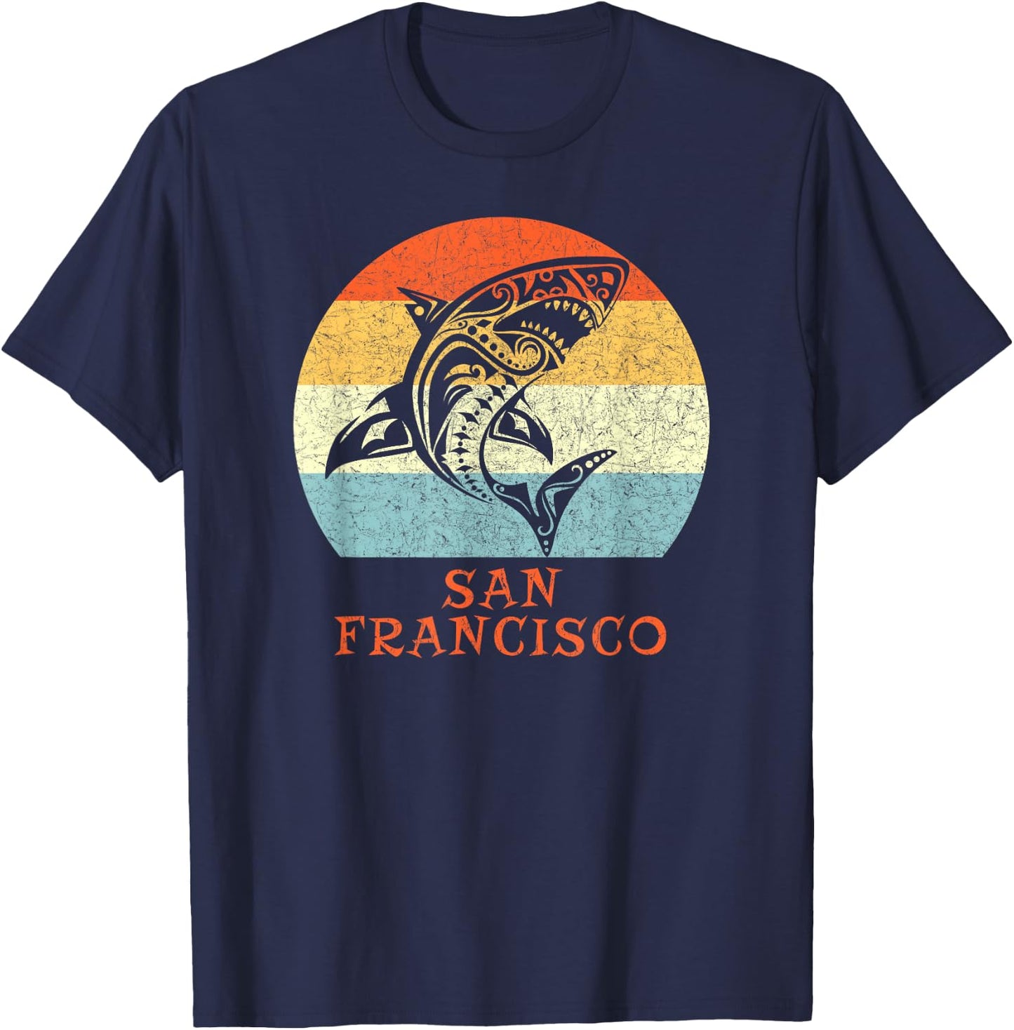 San Francisco, California Vintage Retro Tribal Shark T-Shirt - T-Shirt | Navy