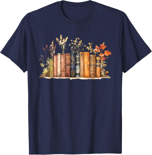 Women Book Lover Shirt Wildflowers Cottagecore Flowers Book T-Shirt - T-Shirt | Navy
