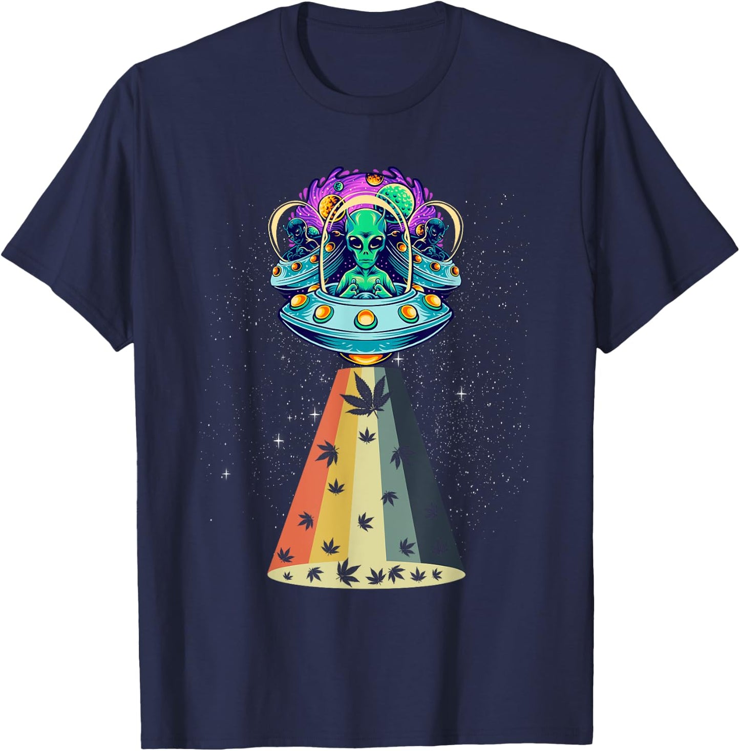 Vintage Alien Weed Pot Leaf UFO Abduction Marijuana T-Shirt - T-Shirt | Navy